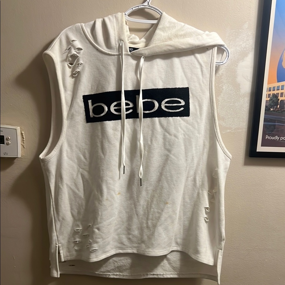 Bebe Ivory Distressed Sleeveless Hoodie